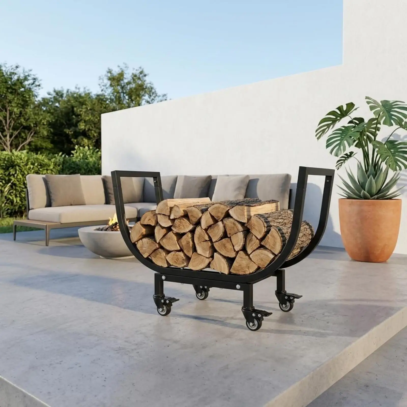 Movable Firewood Rack Portable Carbon Steel Log Organizer Sturdy Holder for Home Patio Fireplace Storage
