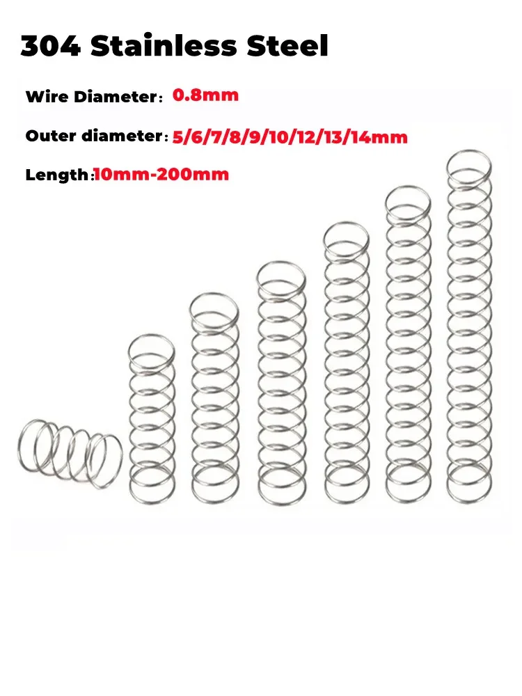 0.8 Compression Spring 304 Stainless Steel Wire Dia 0.8mm OD 5/6/7/8/9/10/11/12/13/14mm Length 10/15/20/25/30/35/40/45/50/60mm