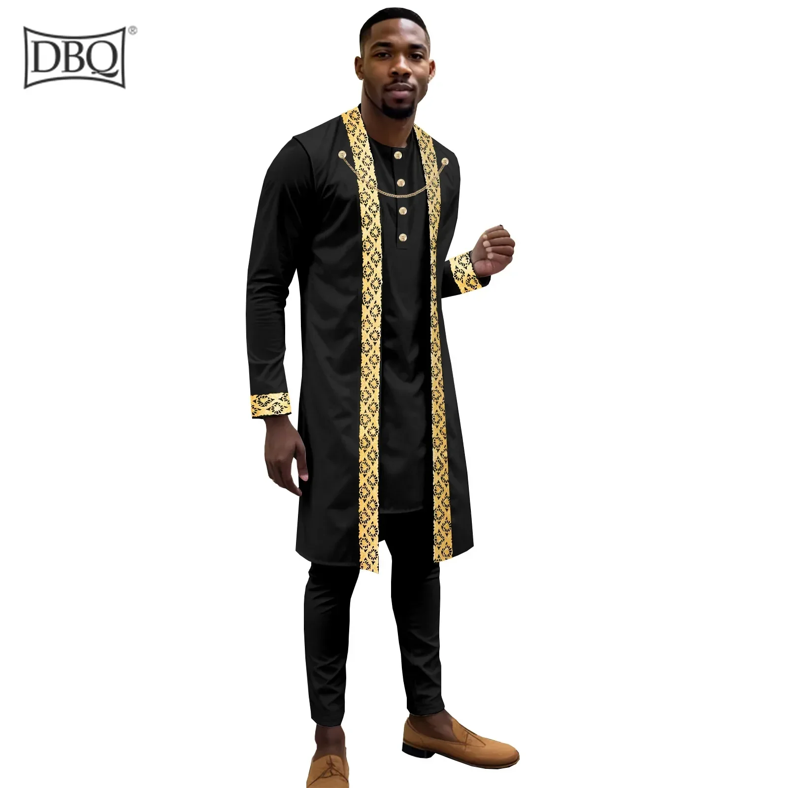 DBQ Men's African Traditional 2 Piece Suit Set Gold Embroidery Chain Dashiki Shirt And Pants Outfit for Special Occasions