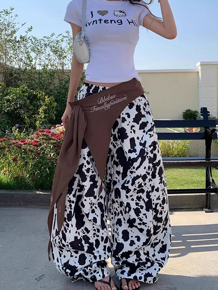 Design sense American style retro high street leopard print casual pants women's new loose curved knife wide leg pants