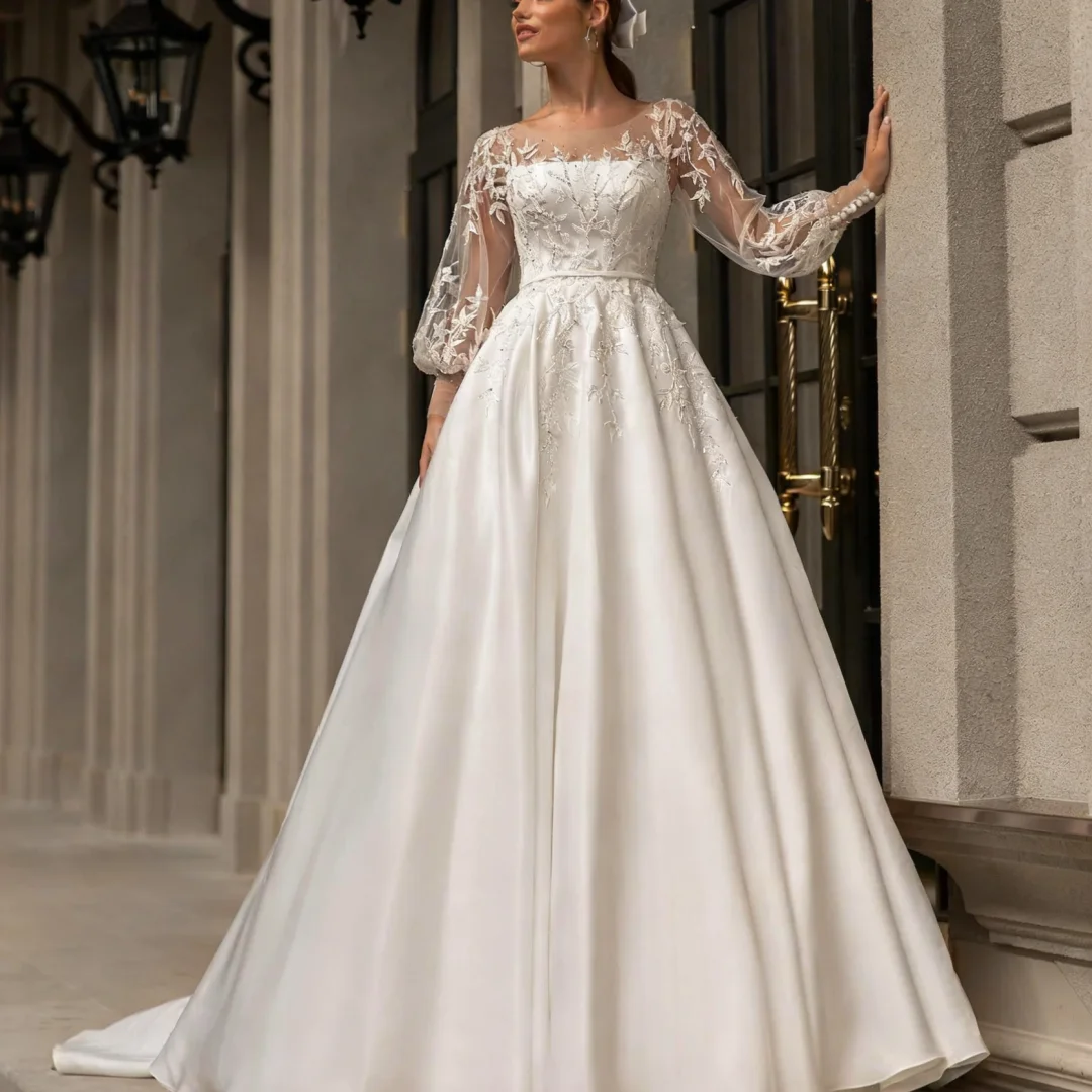 

Customized Elegant A-line Satin Wedding Dresses Appliques Full Sleeves O-neck Bridal Dress Formal Bride Porm Party Gowns