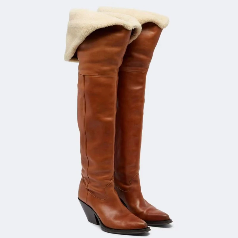 Brown Pointed Toe Fold Over Chunky Heel Thigh High Boots Square Heel Western Over The Knee Boots Winter Warm Fur Lined Boots