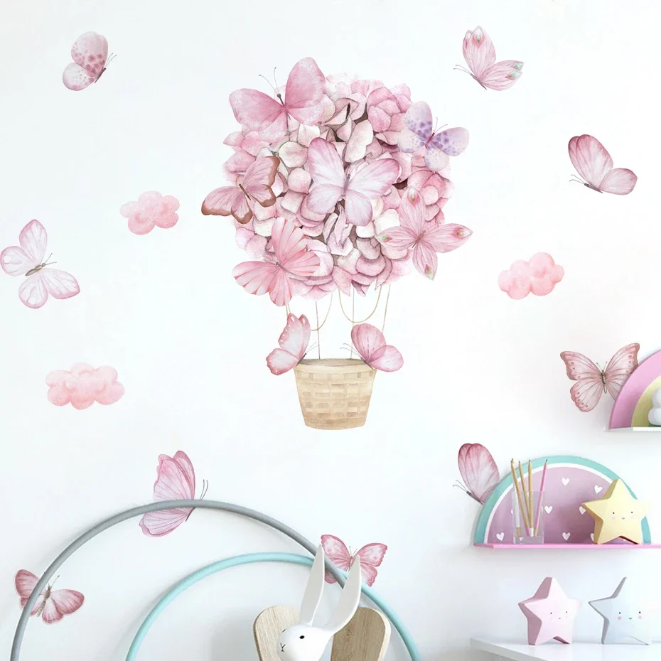 Pink Butterfly Hot Air Balloon Wall Stickers for Nursery Kids Room Baby Watercolor Wall Decals Bedroom Living Room Home Decor