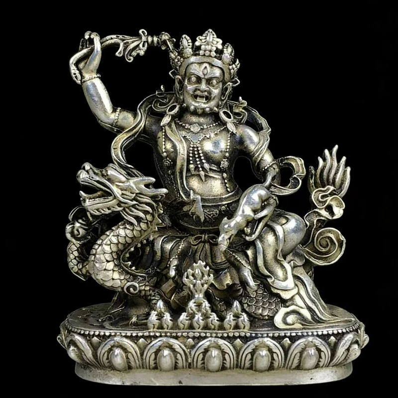 

Vintage White Copper Gilt silver Tibetan Tantric Huang Wealth God Living Room Feng Shui Ornaments Home Worship Decorations