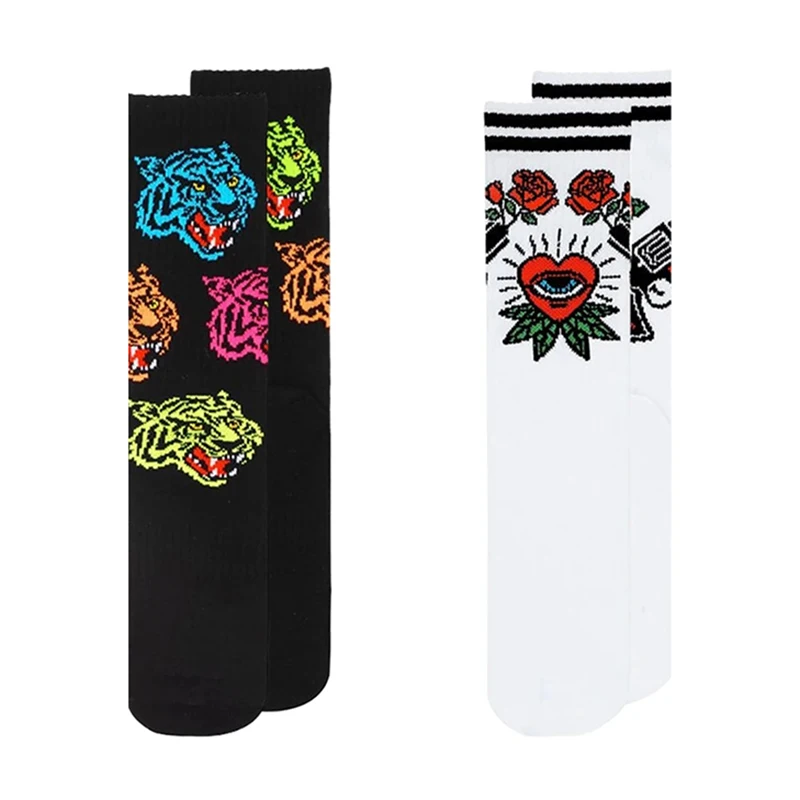 

2 Pairs/Set Harajuku Tiger Heart Rose Crew Socks Elastic Unisex Cotton Women Men Funny Stocking Novelty Chic Socks Gift for Bulk