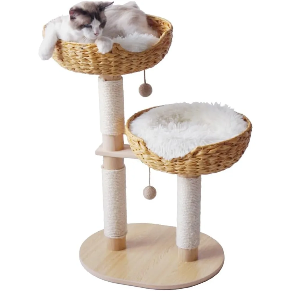 

Cat Tree 32 Inches Cat Tower with Sisal Covered Scratching Real Wood Post, Handwoven PE Rattan 2 Baskets perches with Cozy Cushi