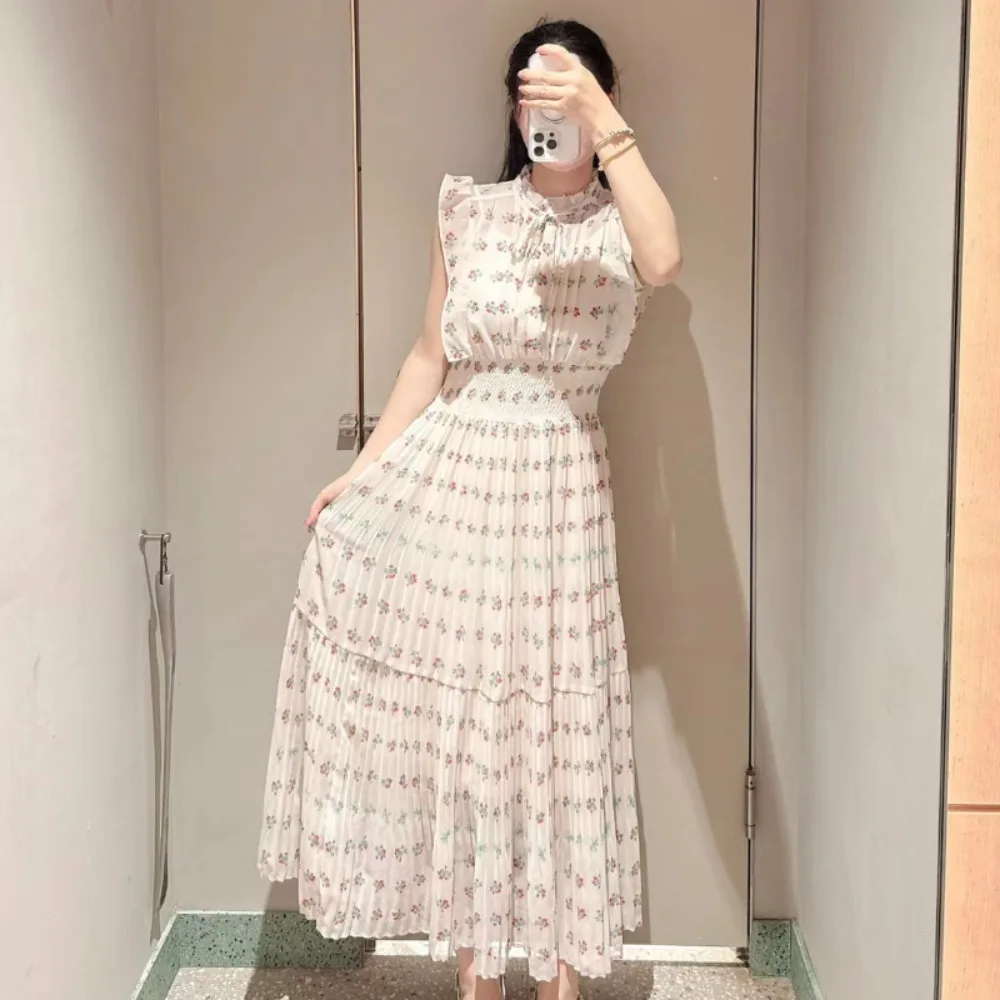 Kuzuwata Fresh Mid-length Print High Waist Robe New Gentle Literary Lace Up Pleated Slim Exquisite Mujer Japan New Elegant Dress image 4