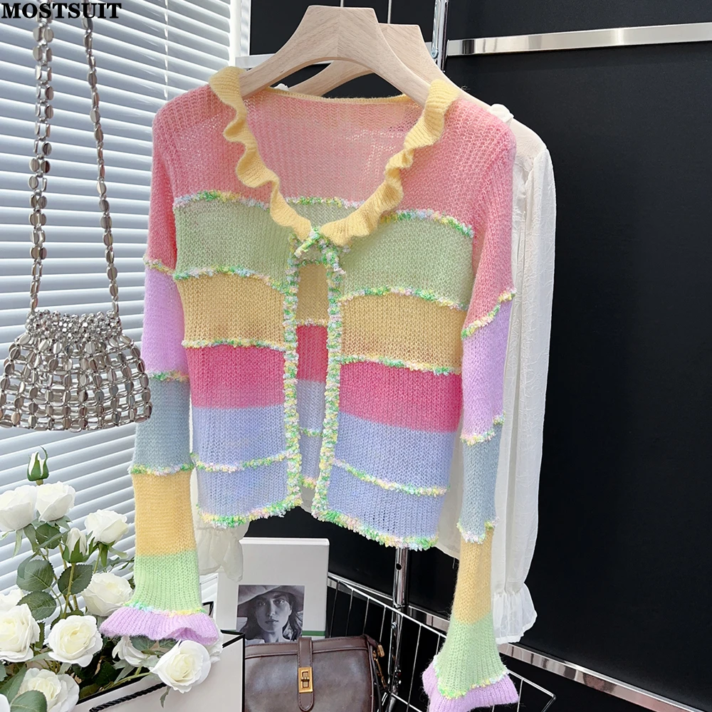 

Rainbow Striped Knit Sweater Cardigan Women Autumn Winter Long Sleeve Ruffles Stylish Chic Fashion Ladies Knitwear Jumpers 2025
