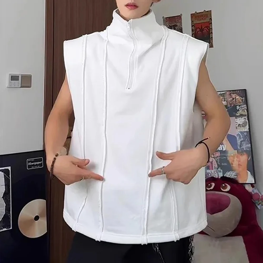Mens Spring Vest Half Zip Textured Shoulder Padded Tank Top Streetwear Fashion Casual Outdoor Sleeveless T Shirt Men'S Wear 2026