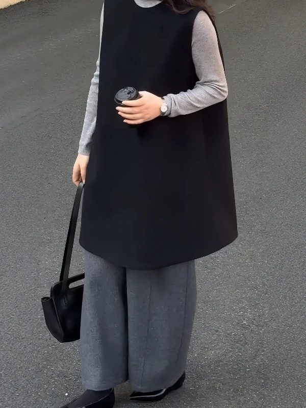 Korean Style Layered Black Sleeveless Mid-Length Vest Skirt Two-Piece Set Women's Spring New Semi-High Collar Base Shirt Vest...