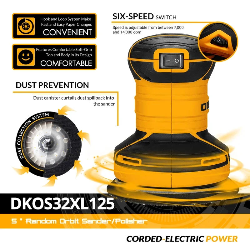 DEKO-DKOS32XL125 Random Orbit Sander, House DIY Carpenter Polisher, Strong Dust Collection, Speed 14000pm, 320W