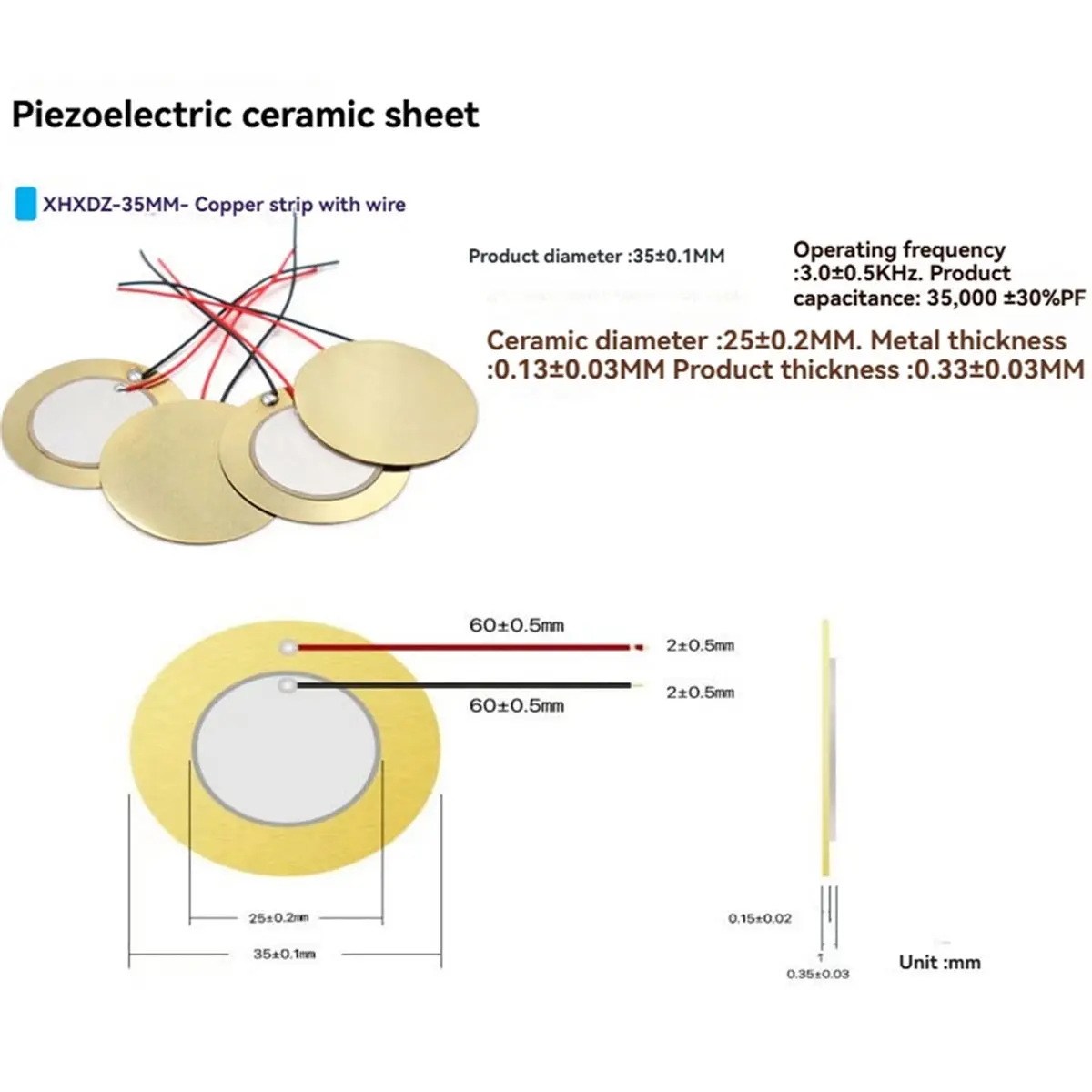 20PCS XHXDZ 35MM Piezoelectric Ceramic Plates with Wire Buzzer Piezo Elements for DIY Projects and Electronics