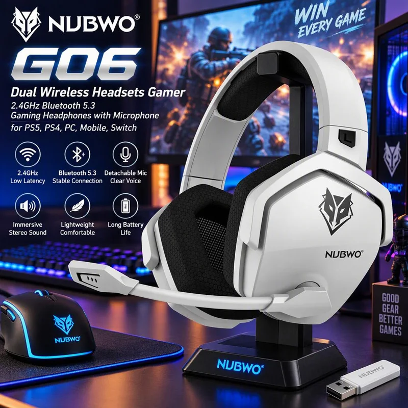 NUBWO G06 Fones de ouvido sem fio duplos Gamer 2,4 GHz Bluetooth 5.3 Fones de ouvido para jogos com microfone para PS5, PS4, PC, celular, switch