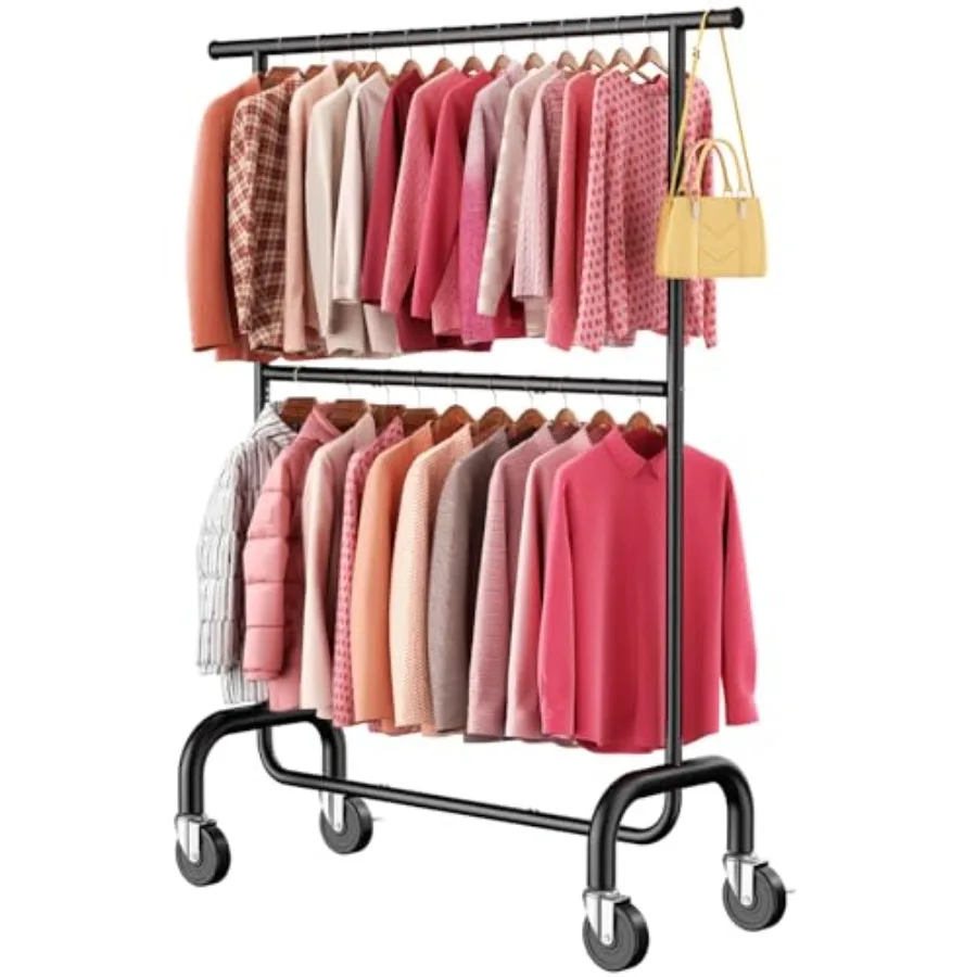 

Heavy Duty Clothes Rack for Bedroom - Rolling Clothing Rack with 6-Level Adjustable Height - Lockable Wheels - Portable Garment