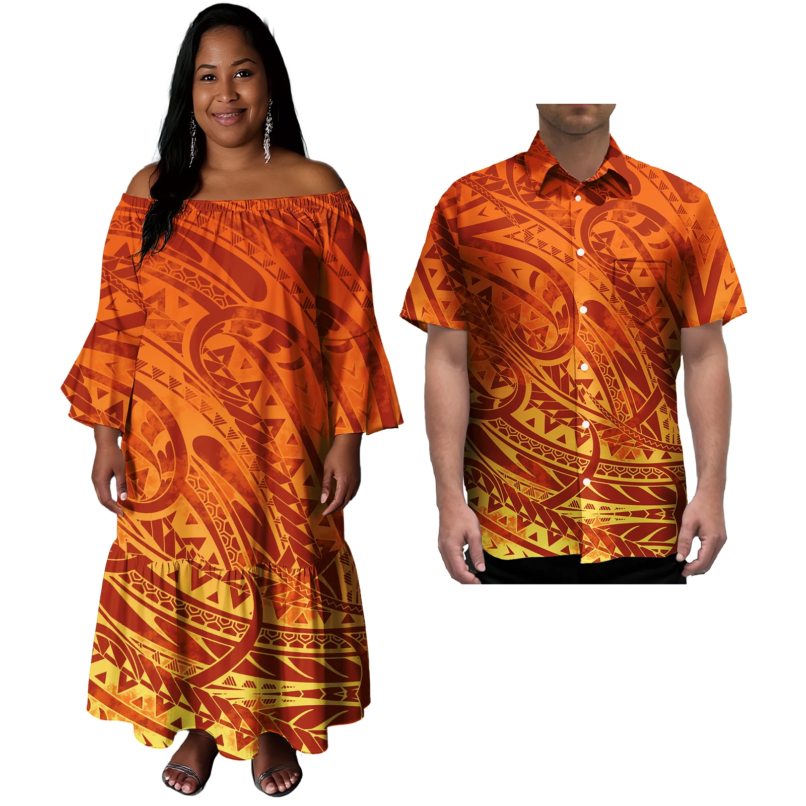 ล่าสุดซามัวคู่เสื้อผ้า Polynesian Tropical พิมพ์ชุดลําลองสตรีสไตล์เกาะพร้อมเสื้อฮาวายผู้ชายที่ตรงกัน