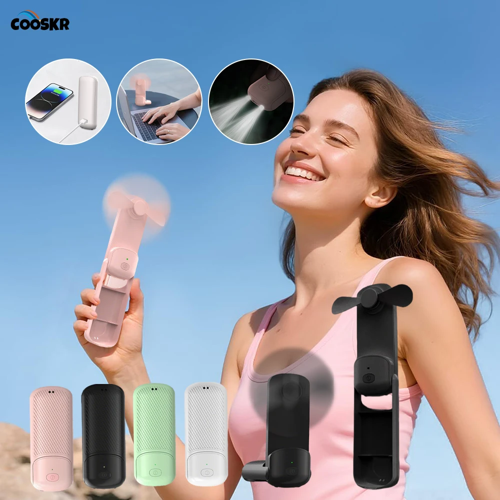 

Мини-портативный ручной вентилятор с USB-зарядкой, складной, для использования на улице, компактный карманный вентилятор с функцией Power Bank и фонариком