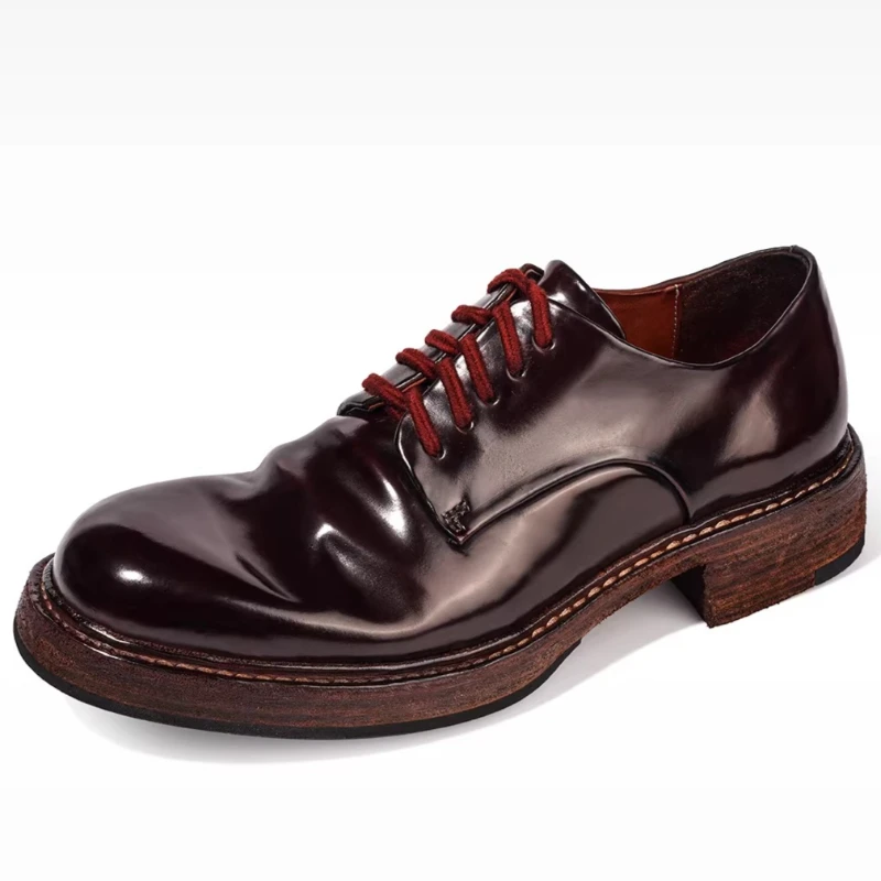 Pure Hand-sewn Horse Hip Leather Derby Shoes for Men's British Retro High-end Oxford Shoes Washed Horseskin Goodyear Dress Shoes