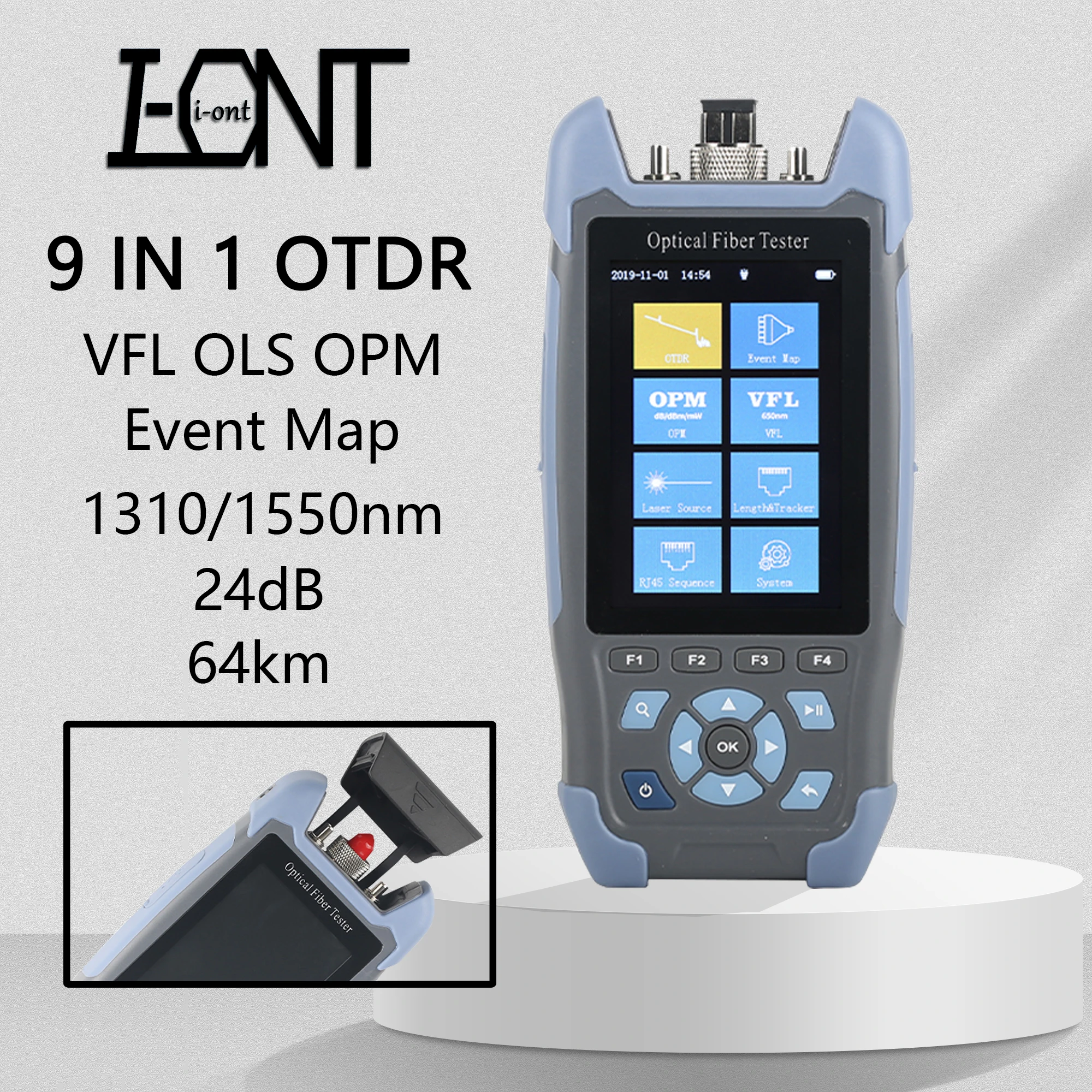 Pro Mini OTDR Fiber Optic Reflectometer 980rev with 9 Functions VFL OLS OPM Event Map 24dB for 64km Fiber Cable Ethernet Tester