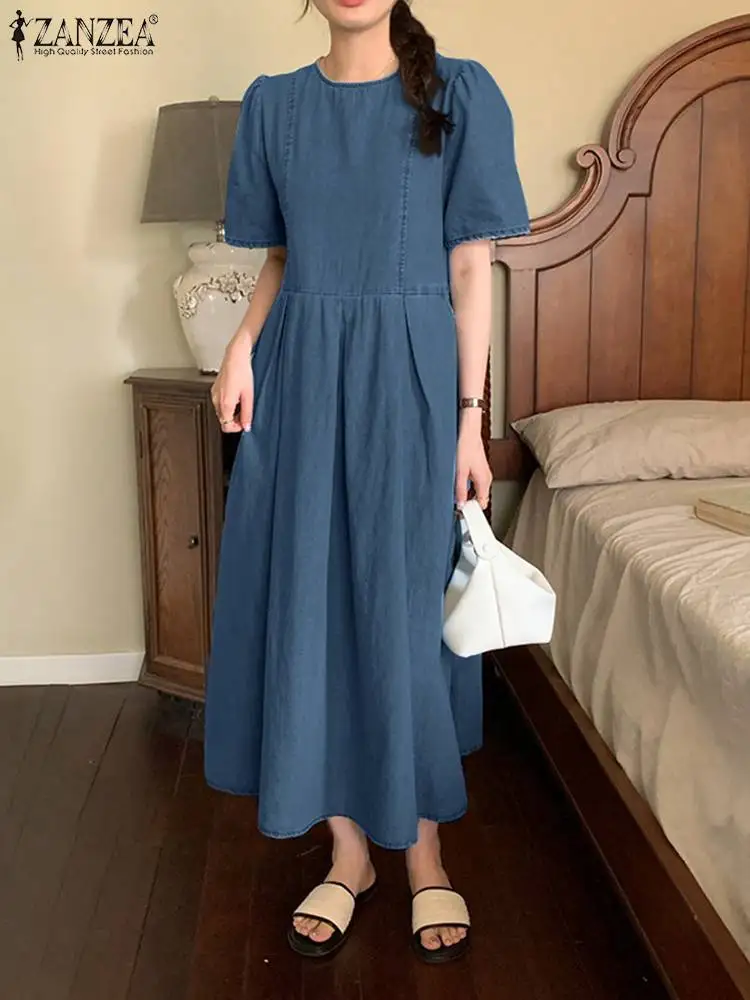 

ZANZEA Fashion Summer Denim Blue Dress Women Elegant Short Sleeeve Work Sundress Solid Pleated Robe Femme Casual Loose Vestidos