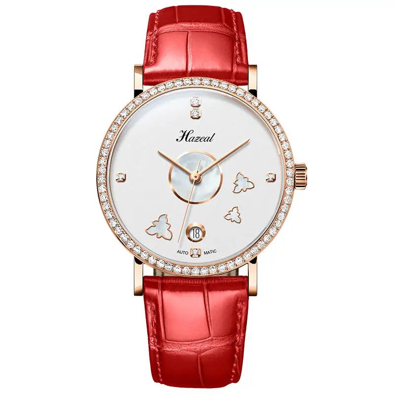 HAZEAL Women's Automatic Mechanical Watch Luxury Switzerland Brand Diamond Waterproof Leather Strap Sapphire Dial Clock 521314