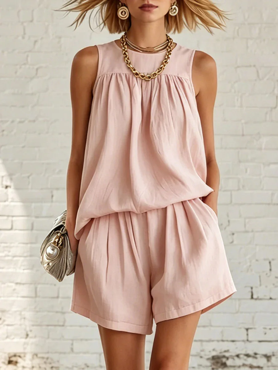 Casual Women Loungewear 2 Piece Set Solid Sleeveless Vest And Loose Fit Shorts For Home Daily Wear