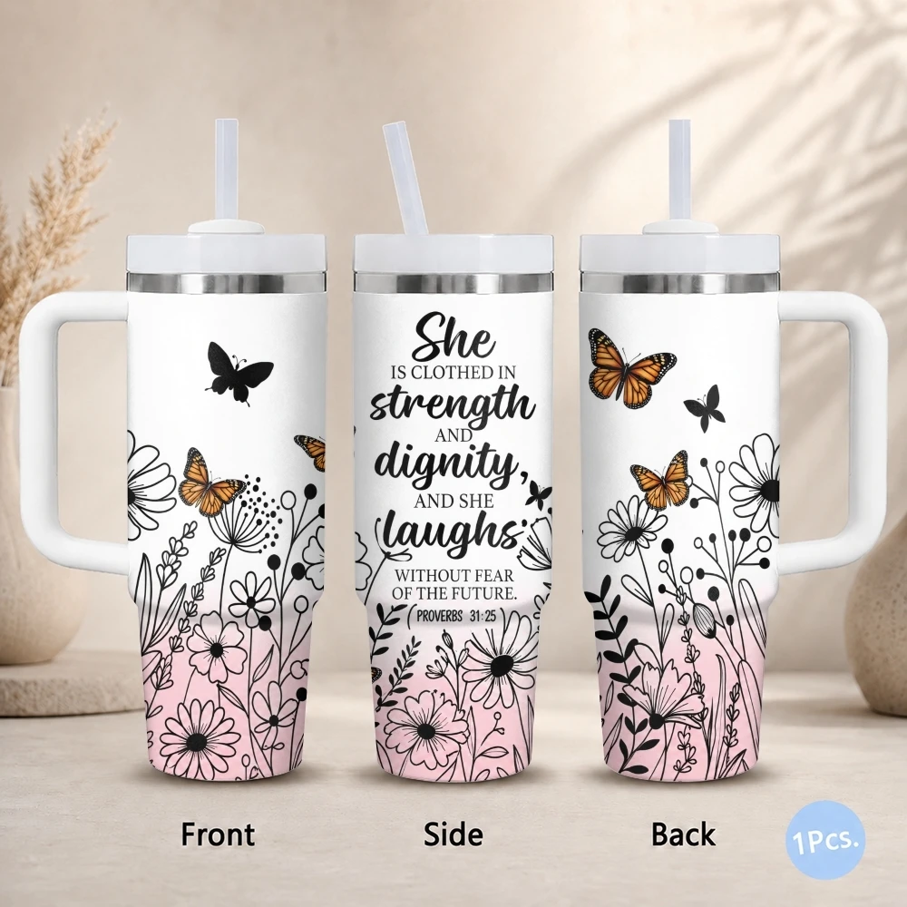 Bible Verse Christian Faith Vacuum Flasks 40oz Stainless Steel Insulated Tumbler with Handle Straw Lid Leakproof Travel Mug