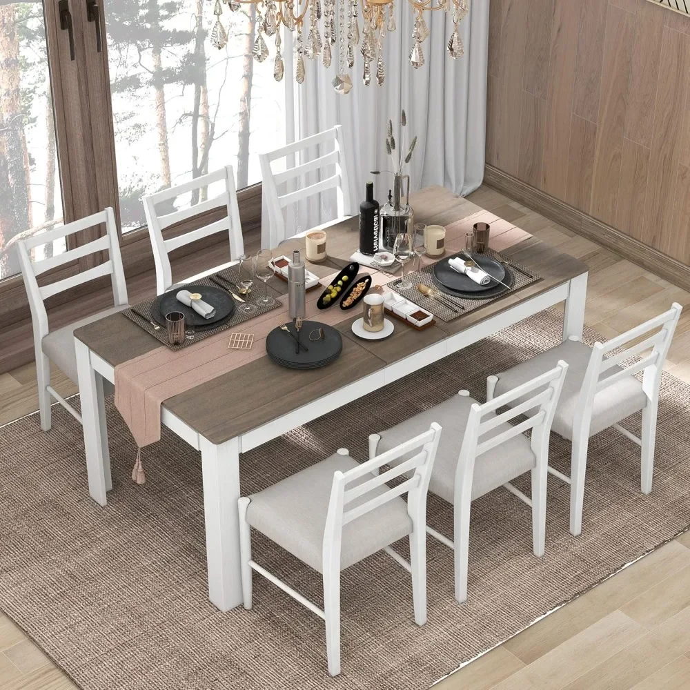 7-Piece Wooden Dining Table Set, Multifunctional Extendable Tabletop with 12” Leaf and 2 Drawers, 6 Chairs with Soft Cushion