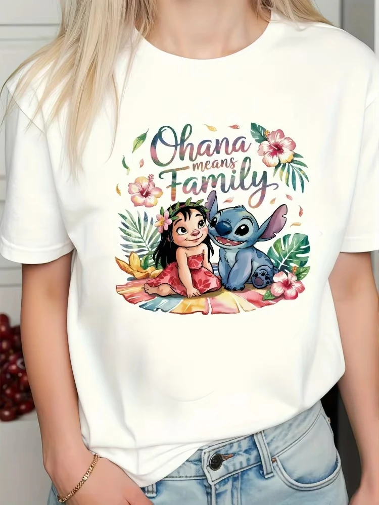 

Disney 2026, новый мультяшный узор с изображением лилии Ohana Means, домашний дизайн, принт высокого качества, модные женские свободные большие размеры с коротким рукавом