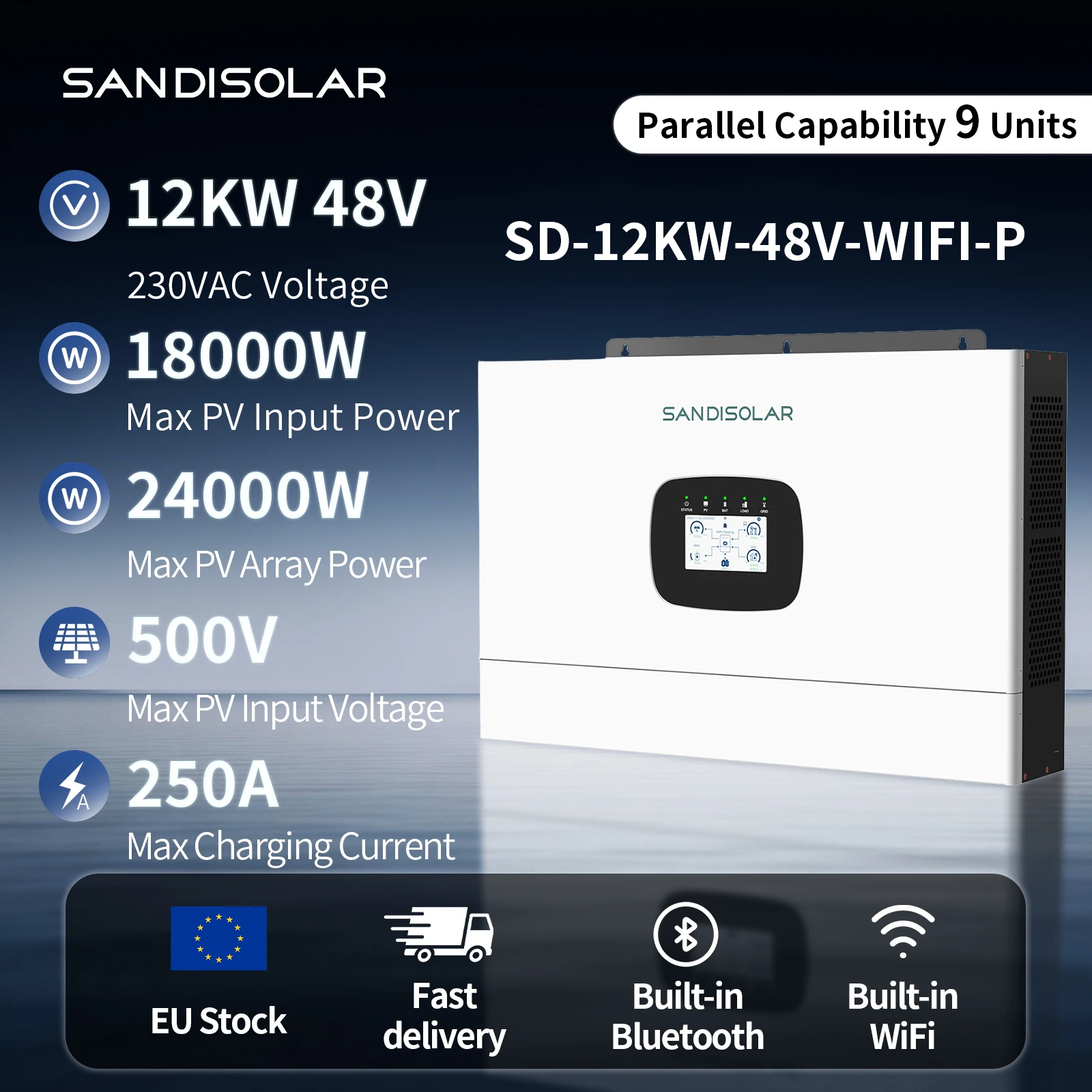 SANDISOLAR 12KW 48V Off-Grid Hybrid Solar-Wechselrichter Reine Sinuswelle 250A MPPT-Laderegler 500VDC Dual-Ausgang WiFi Parallel