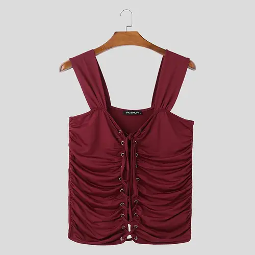 Men Tank Tops Solid Color Pleated Sleeveless Lace Up Hollow Out Streetwear Sexy Male Vests Summer 2025 Fashion Crop Tops INCERUN - Image 9