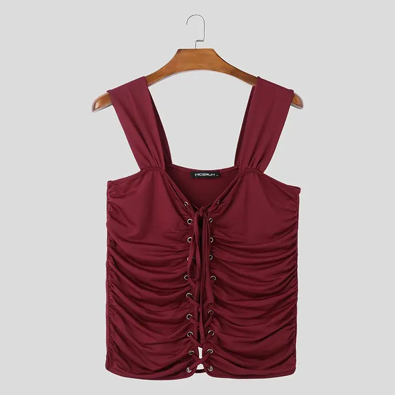 Men Tank Tops Solid Color Pleated Sleeveless Lace Up Hollow Out Streetwear Sexy Male Vests Summer 2025 Fashion Crop Tops INCERUN - Image 9