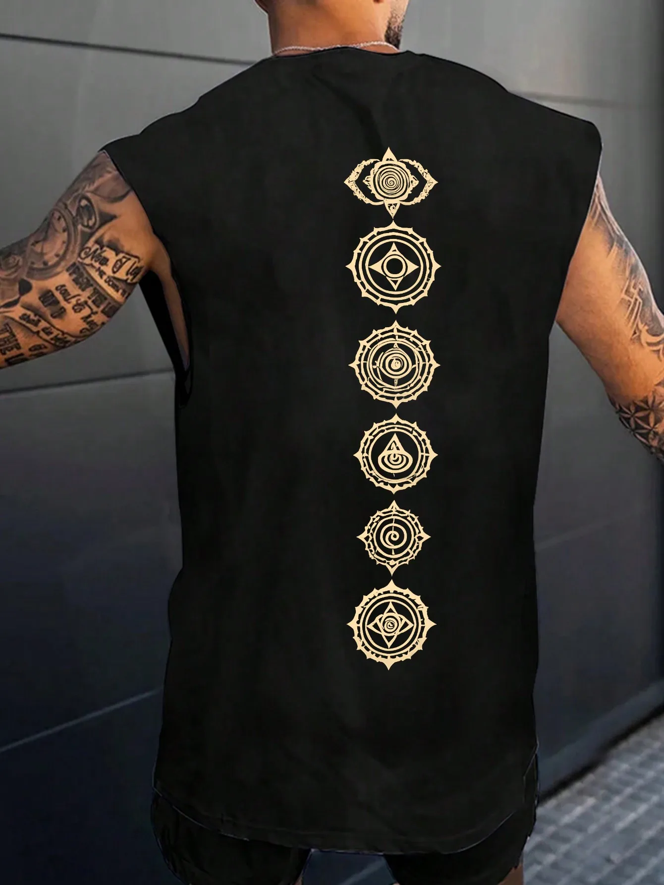 100% pure cotton summer men's fashionable casual loose geometric print fitness sports sleeveless vest