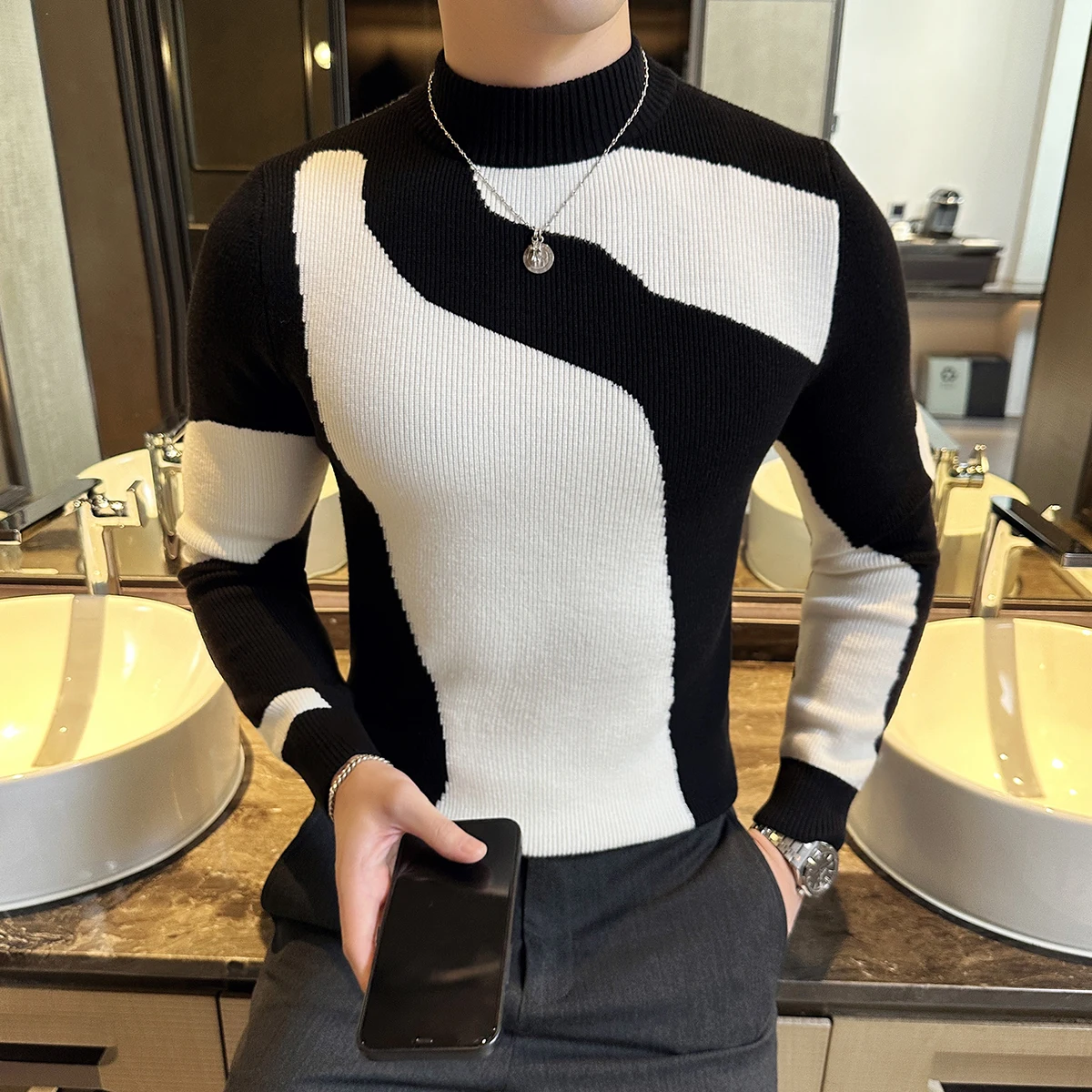 

2024 Autumn Winter Fashion Men Slim Fit Knitted Pullovers Male Long Sleeve Sweater Tops Men Half Turtle Neck Casual Jumpers I798