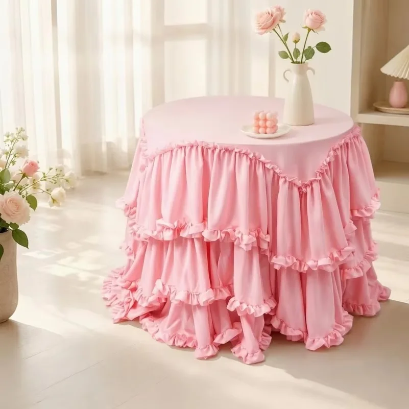 Romantic Ruffled Round Tablecloth Smooth Draping Multi-Layer Ruffle Table Cover Wedding Party Table Skirt Home Textile Decor
