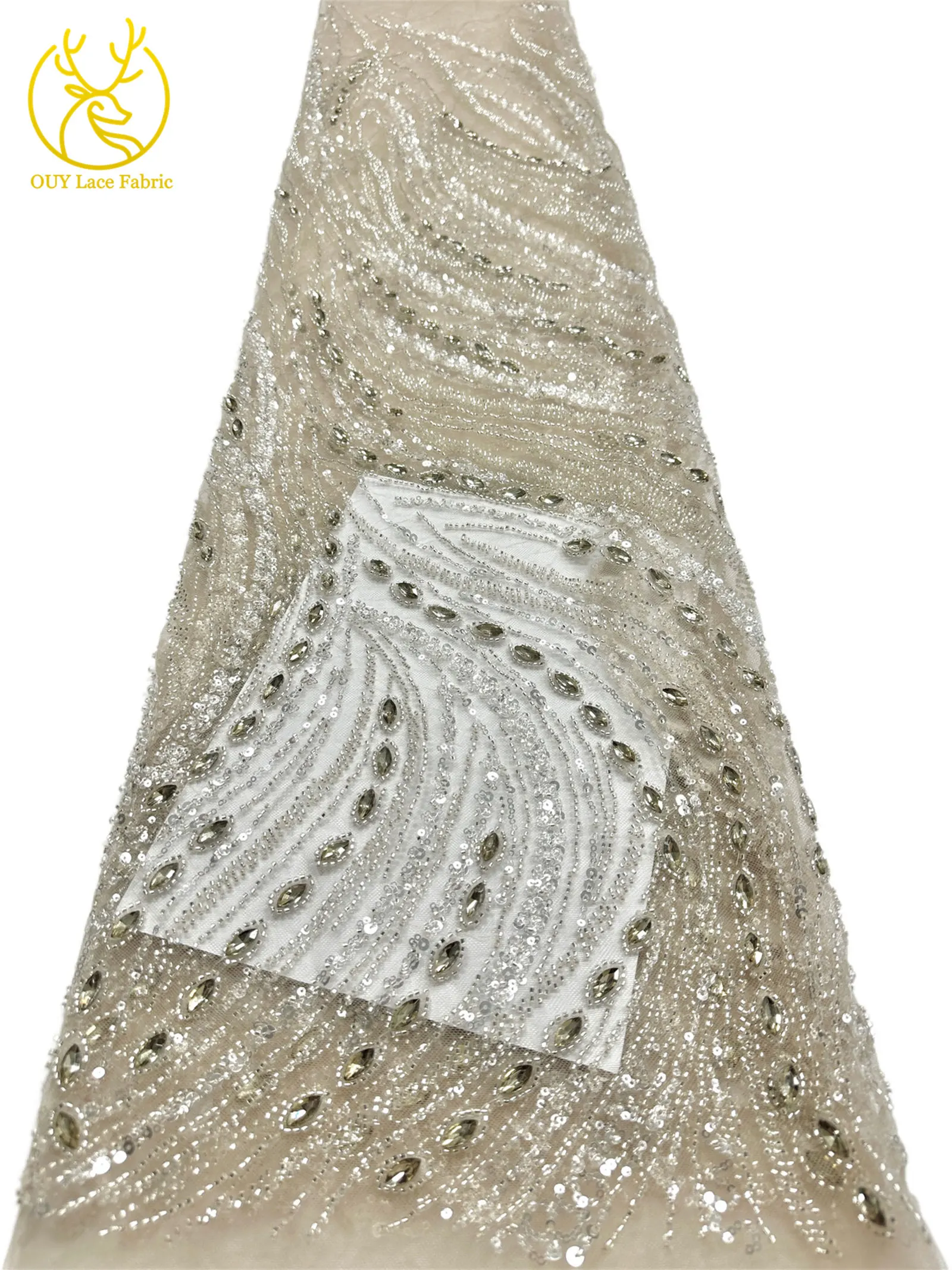 Marineblauer, hochwertiger, luxuriöser, österreichischer Diamant-Perlen-Spitzenstoff im neuen Stil 2026, afrikanischer Pailletten-Spitzenstoff für Brautkleider und Hochzeitsfeiern. – Detail 16
