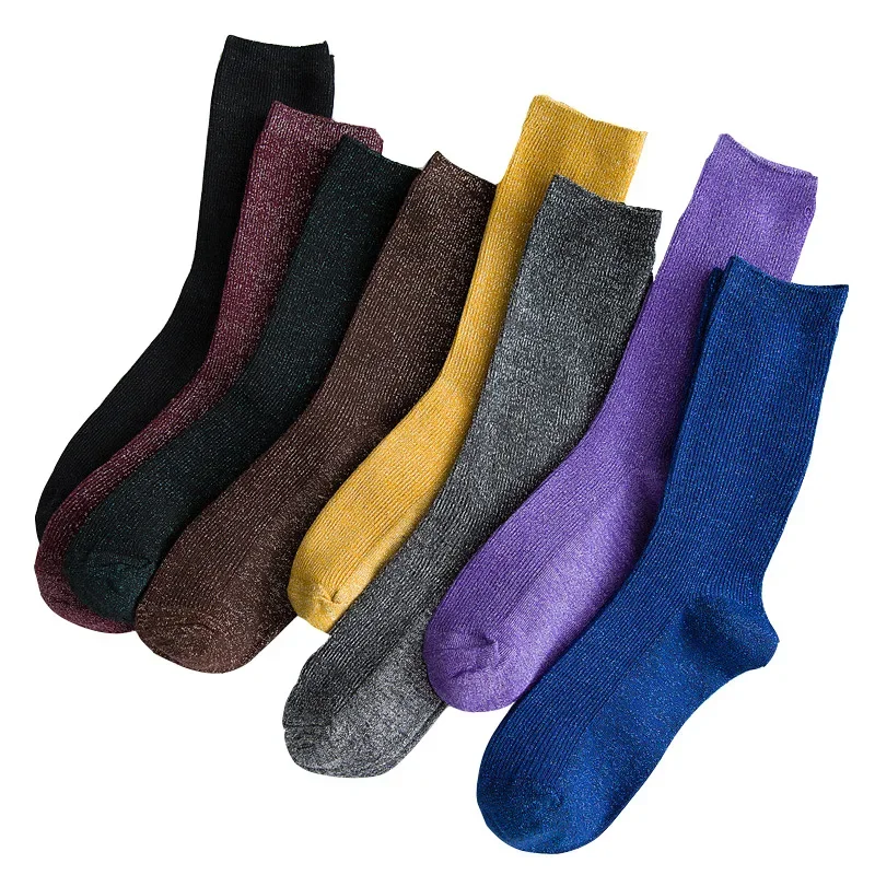 Chaussettes brillantes scintillantes pour femmes, brillantes, douces, mignonnes, dorées, argentées, à la mode, automne, printemps