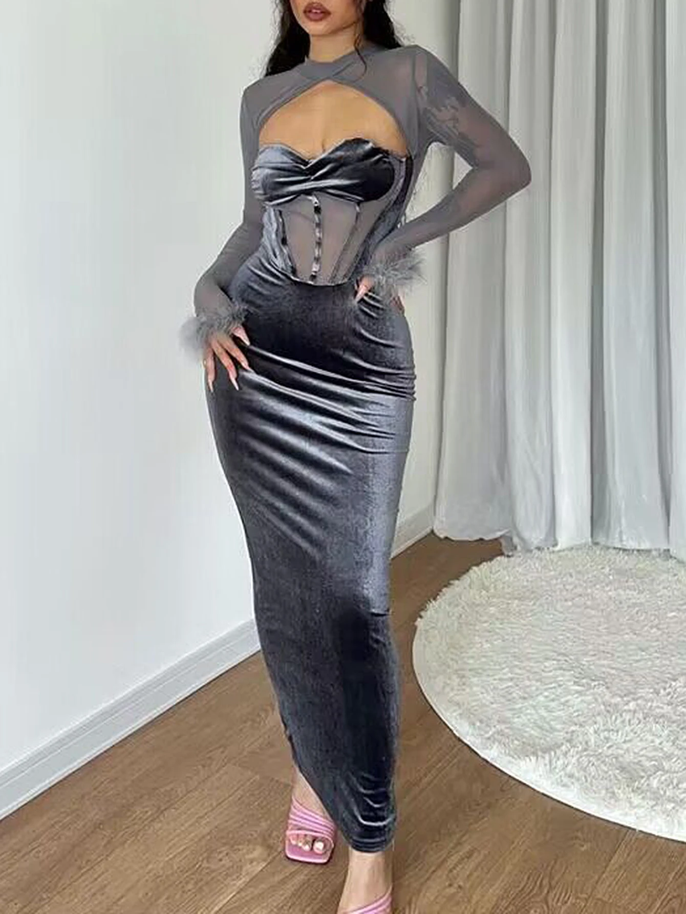 Women's Long Sleeve Crew Neck Bodycon Dress Autumn Sexy Plain Cut-Out Design Party Dress Elegant Fashionable Women's Wear