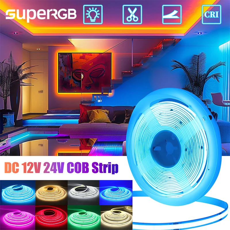 

10M COB LED Strip DC12V/24V 480LEDs/M Ribbon High Density Linear Lighting Flexible Dream Color DIY Led Tape Lamp Home Decor