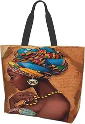 African Woman Canvas Tote Bag Women Casual Shoulder Bags for Shopping Grocery Large Handbag