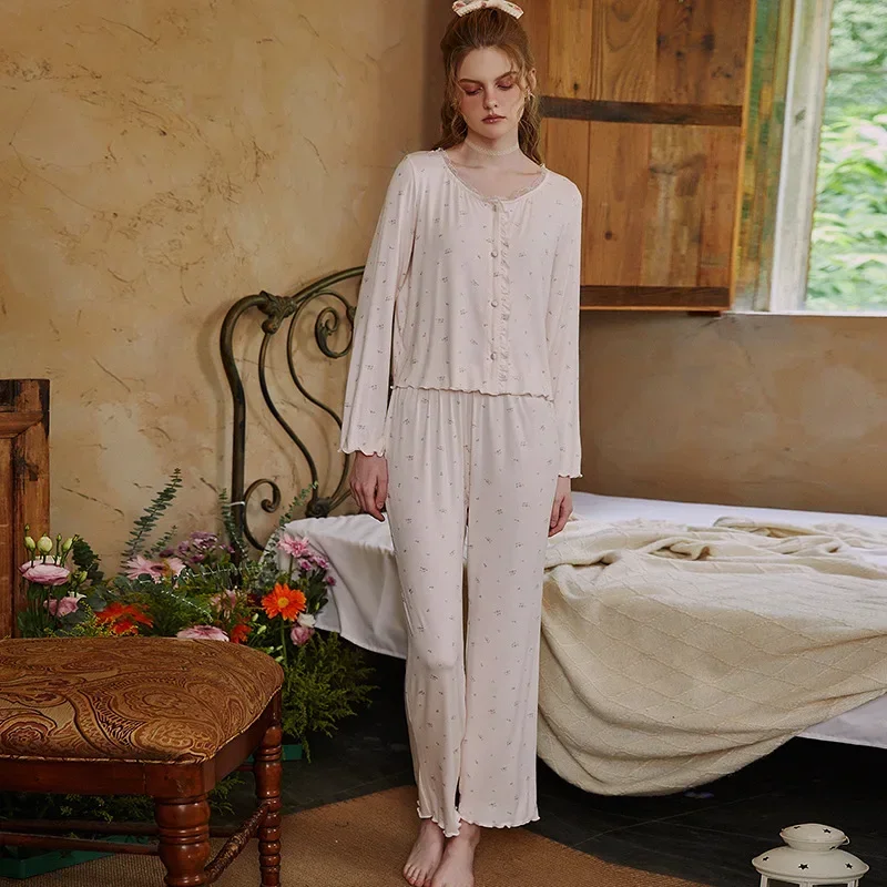 Vintage Print Pajama Sets Autumn Women Sweet Tops Pants Loungewear Fairy Modal Loose Lace Pajamas Princess Sleepwear Nightwear image 4