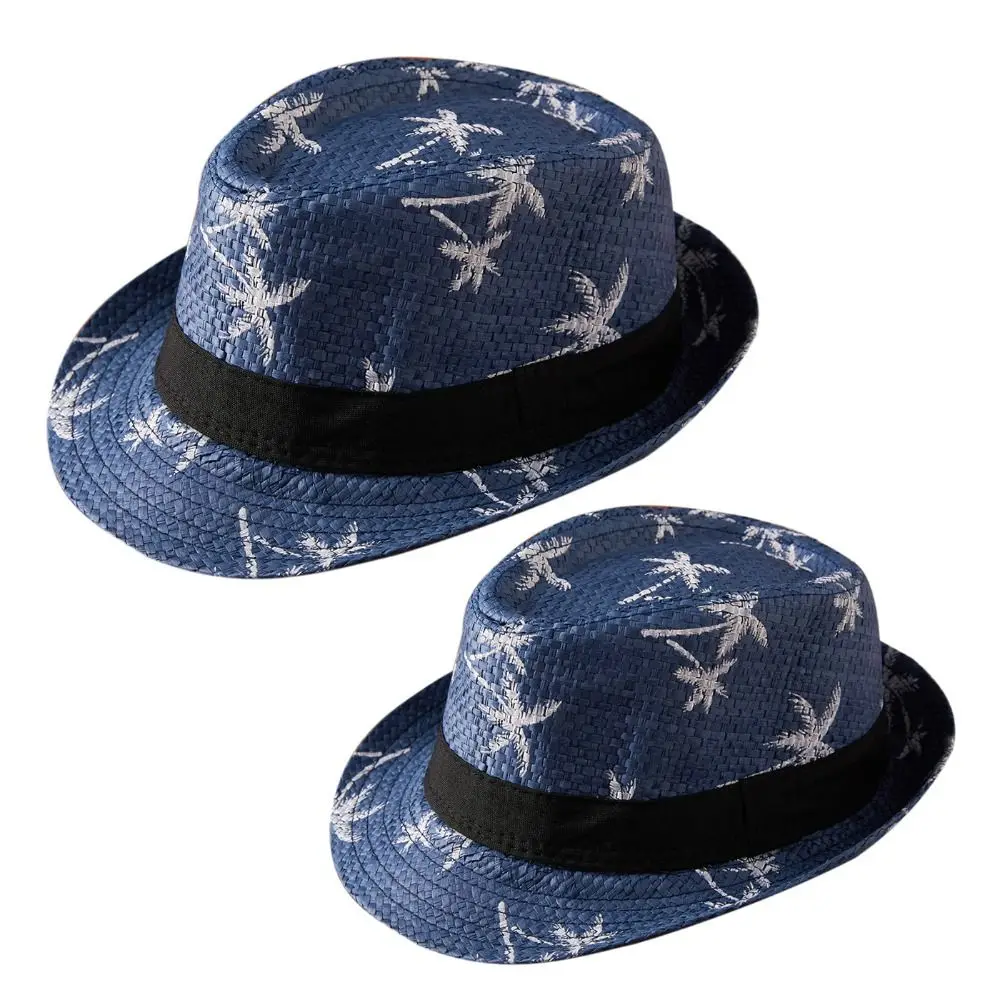

Summer Coconut Trees Pattern Straw Hat Wide Brim UV Protection Beach Cap Breathable Casual Panama Cap Men Women