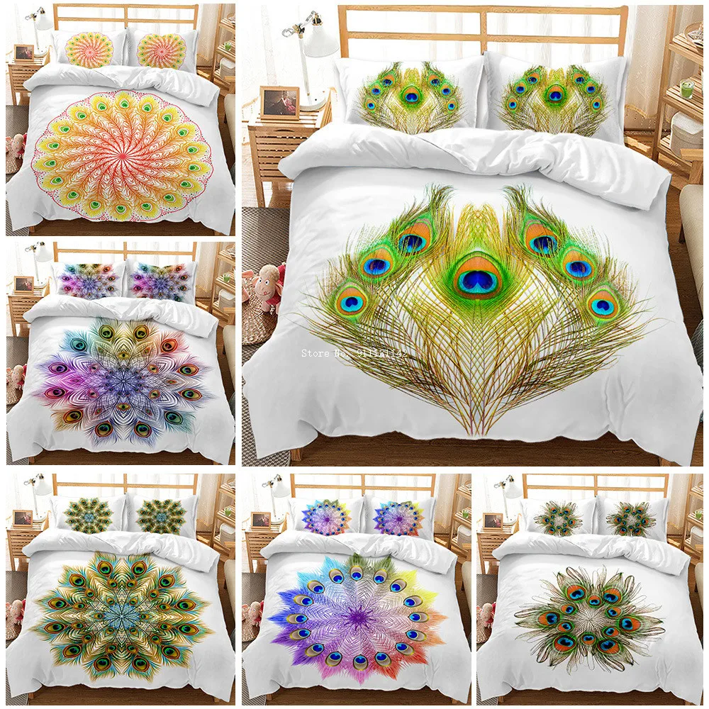 3pcs 3D Ethnic Style Fashion Peacock Feather Floral Print Bedding Set with Down Bed Cover and Pillowcase - For Bedroom