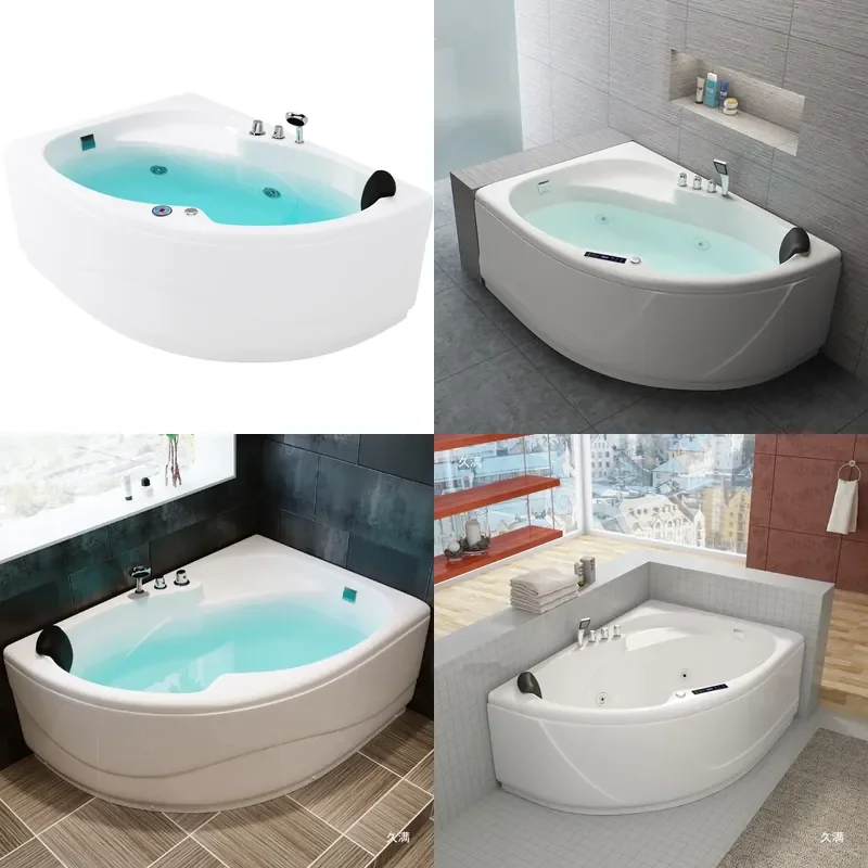 Corner Acrylic Fan Bathtub with Thermostatic Shower and Surf Massage for Small Apartment Bathroom Adult Use