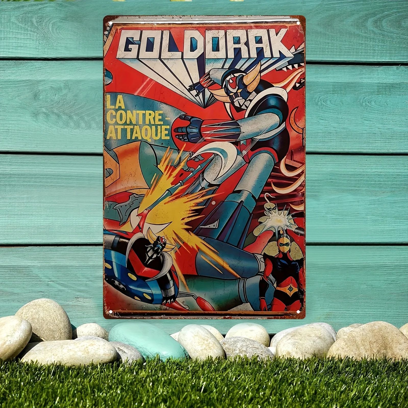 Placa de letrero de aluminio y metal retro, pintura de estaño Goldorak de anime clásico, recreación de escena de batalla de robot en estilo nostálgico vintage