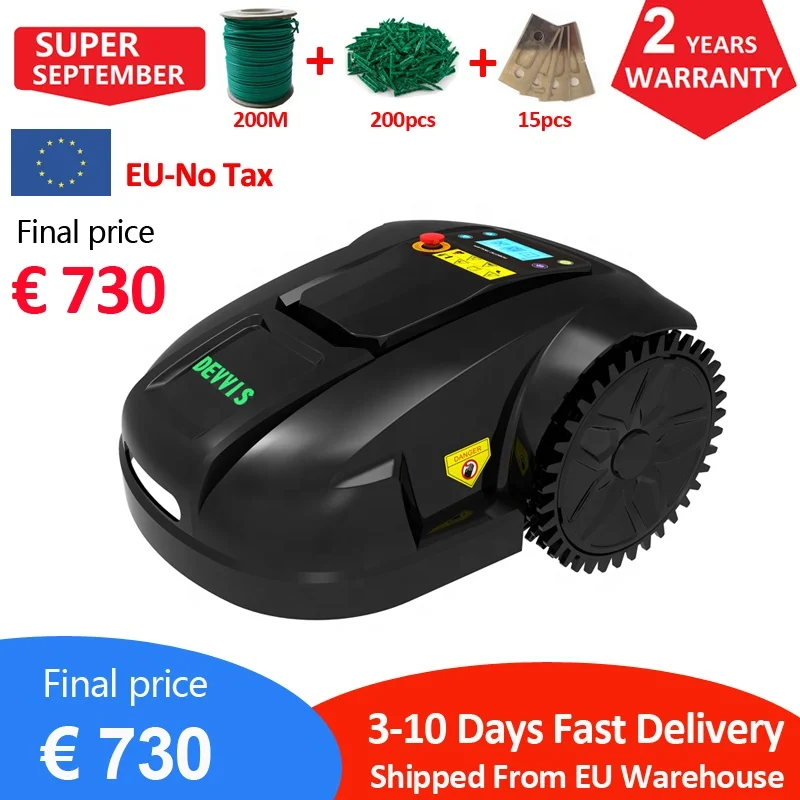 devc Automatic Lawn Robot Mower E1800T with 200m wire,200pcs pegs,15pcs blade,6.6ah lithium battery