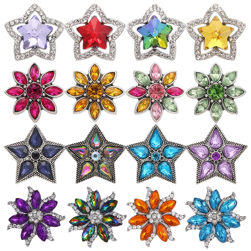 Colorful Rhinestone Beauty rotated Flowers Stars Round Metal 18mm snap buttons for DIY 18mm snap jewelry Accessories Women Gift
