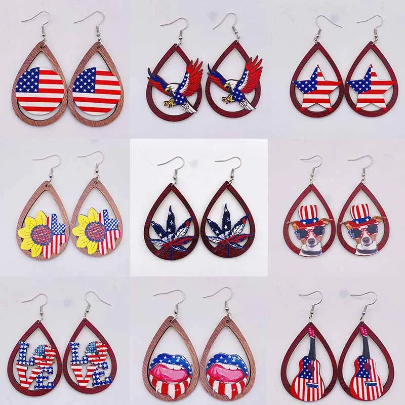 Independence Day American Flag Print Earrings For Women Creative Sunflower Small Drawing Eagle Dog Hollow Waterdrop Earrings