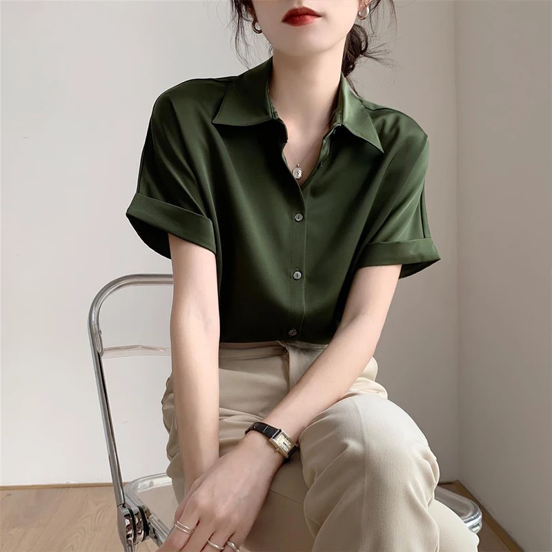 Retro Hong Kong Style Solid Color Elegant Temperament Short Sleeved Shirt Summer New Fashionable Simple Loose Slim Women\'s Top