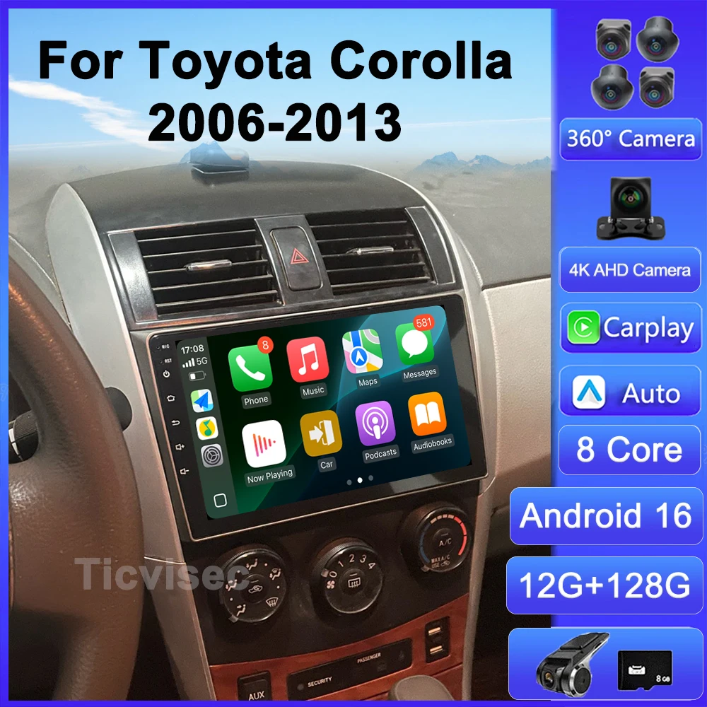 Android 16 Car Radio 4G+WIFI for Toyota Corolla E140/150 2007 2008 2009 2010 2011 2012 2013 Multimedia Player 2 Din DVD Speakers