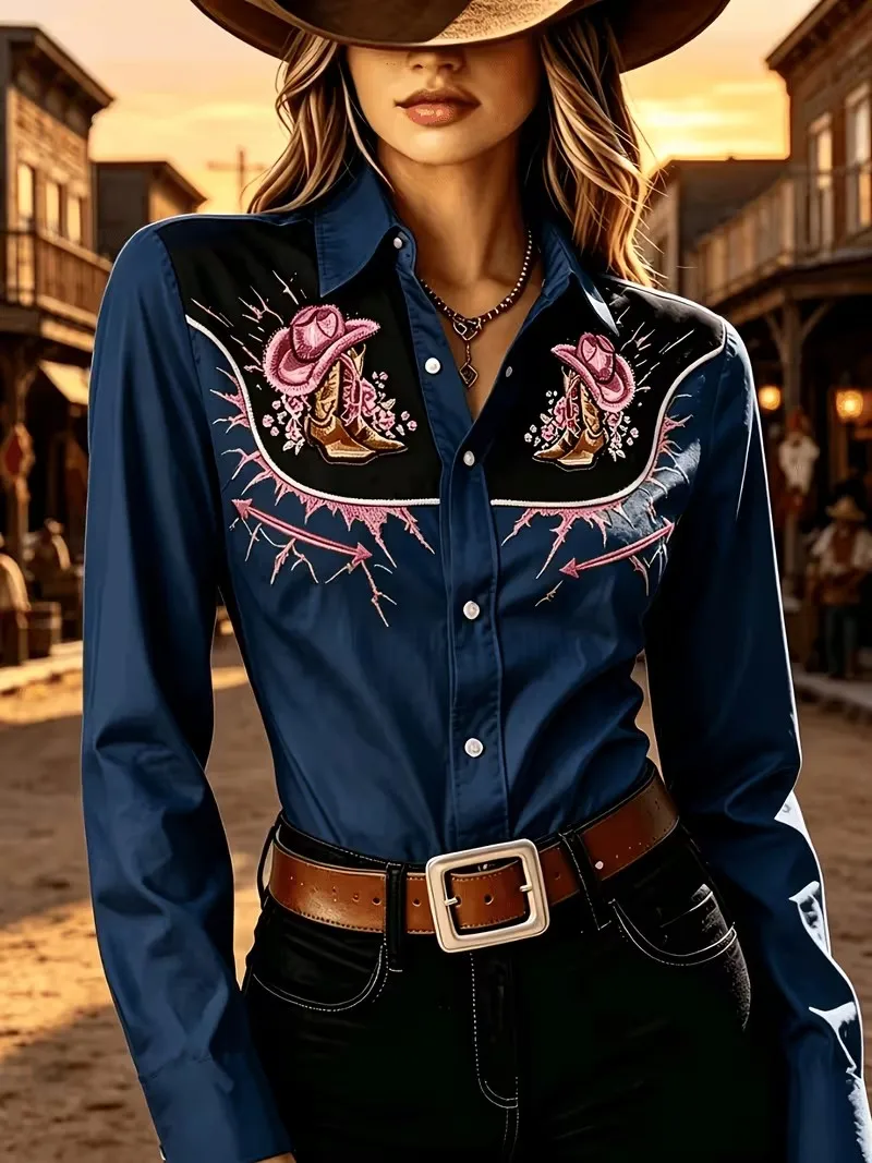 New black and pink denim boots, Western style long sleeved shirt, sweet and cool women's denim style casual shirt
